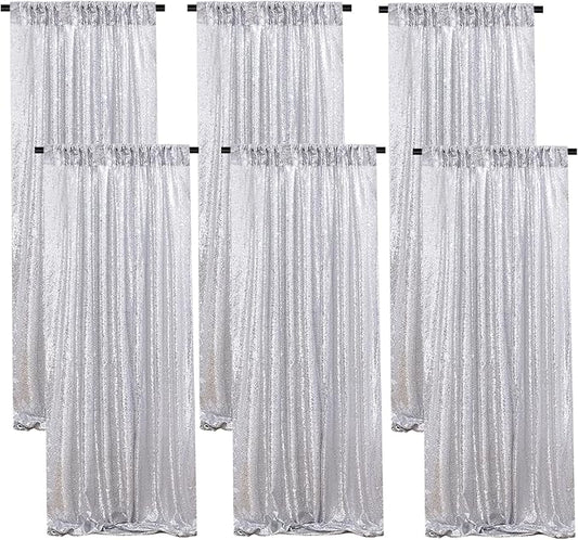 B-COOL Silver Sequin Backdrop Curtains: 6 Panels 2ftx8ft Silver Curtain Background for Disco Party Wedding Photography Party Background Decorations