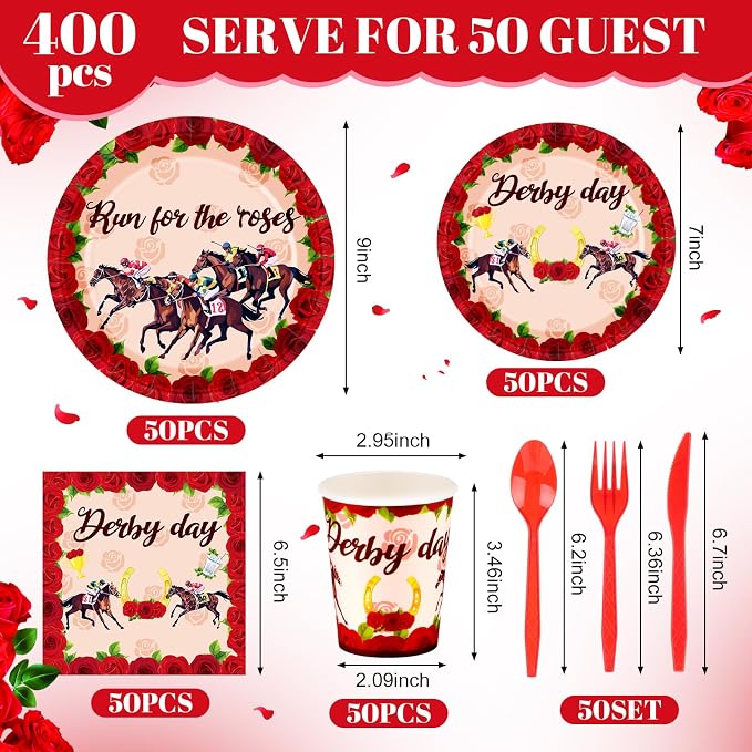 Funnymoom 400 Pcs Derby Run for The Roses Party Supplies, Horse Racing Paper Plates Napkins Cups Cutlery Set, Western Cowboy Disposable Dinnerware for Preakness Party Bridal Shower, Serves 50 Guests