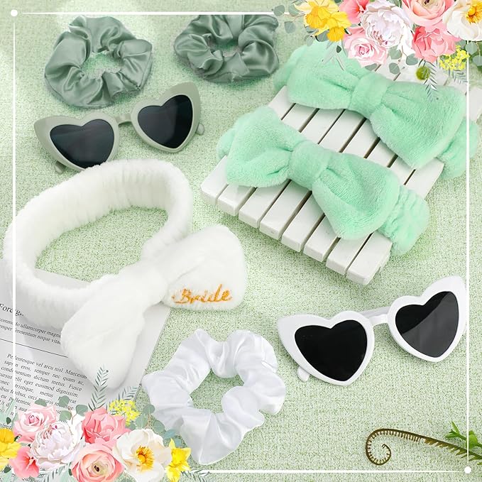 Geiserailie 36 Pcs Bachelorette Party Accessories 12 Bride Spa Headbands 12 Bridesmaid Scrunchies Ties 12 Bachelorette Sunglasses Bridesmaids Proposal Gifts for Wedding Party Favors (Green)