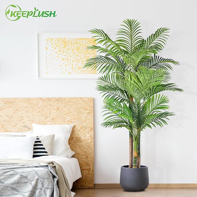 6ft Tall Triple Golden Cane Palm Artificial Tree Large Tropical Palm Tree UV Resistant Fake Plant in Pot for Indoor Outdoor Big House Living Room Outside Patio Office Home Decor 1Pack