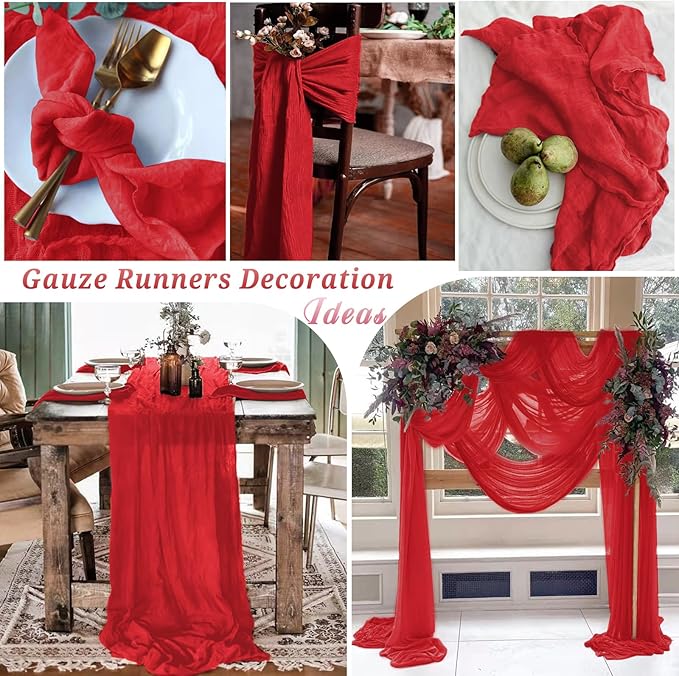 10 Pcs Red Cheesecloth Table Runner 10FT, Gauze Table Runner for Wedding Reception Sheer Bridal Shower Birthday Party Boho Table Decoration, Rustic Romantic Wedding Runner