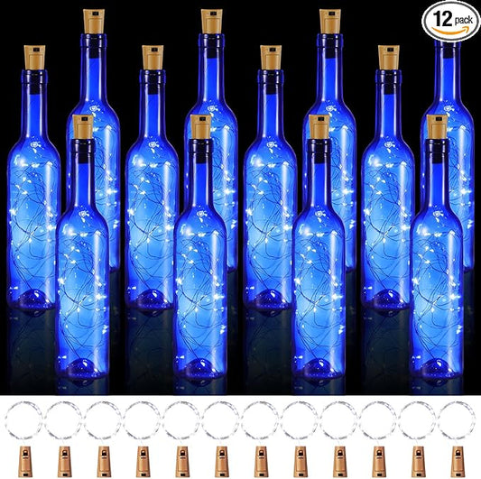 Rtteri 12 Sets Small Empty Wine Bottles with Cork Lights Centerpiece and 30 LED Battery Operated Cork Lights for Birthday Wedding Party Decoration(375 ml,Blue Bottle)