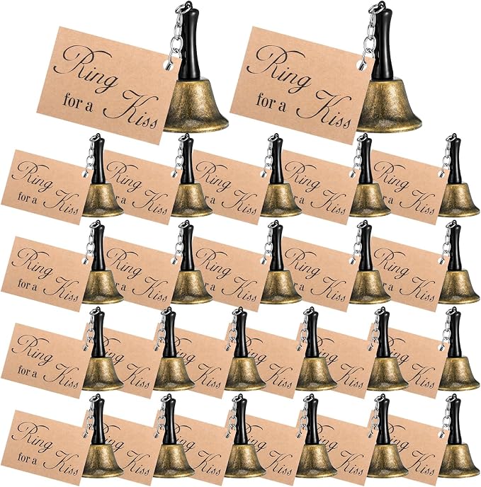 Lounsweer 24 Set Wedding Bells Bulk Ring for a Kiss with Tags Kissing Bells for Wedding Reception Decorations Goodies Bags Party Supplies