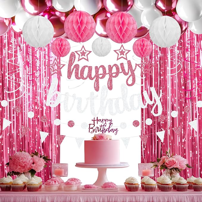Pink Birthday Party Decorations Set - Pink and White Happy Birthday Banner Balloons Foil Curtains Hanging Swirls for Girls Birthday Party Supplies