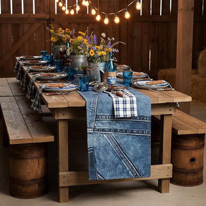 Mindsoft 6 Pcs Blue Jean Table Runners 72 Inches Blue Jean Baby Shower Decorations Denim Jeans Decorative Table Runners for Denim and Diamonds Bachelorette Engagement Wedding Decor Celebration
