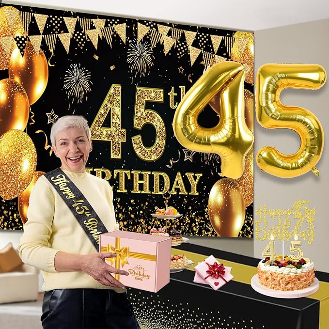 45th Birthday Decorations Men Women with 45th Birthday Banner, Black and Gold Table Cloth, Number Balloons, Large Sash, Cake Topper and Candles