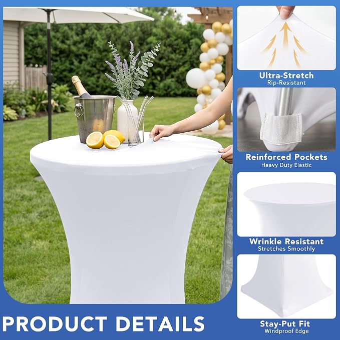Cocktail Table Covers-Spandex Round High Top Table Cloths 8 Pack 32x43 Inch-White Stretch Fitted Bar Tall Tablecloth for Pub Bistro Highboy Party Event Banquet Height Folding Satnding Tables