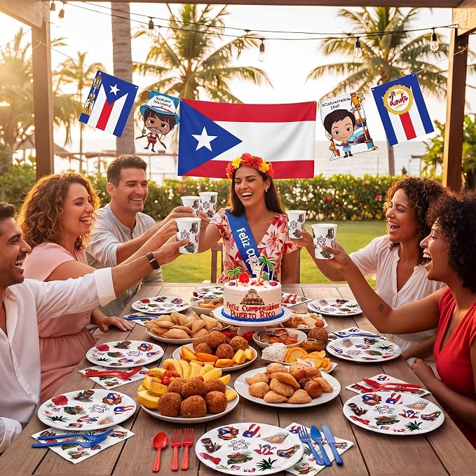 FoldTier 350 Pcs Puerto Rico Party Supplies Disposable Paper Plates Napkins Cups Puerto Rico Theme Birthday Party Decorations Tableware Flag Frog for Holiday Festival Family Friends Serve 50 Guests