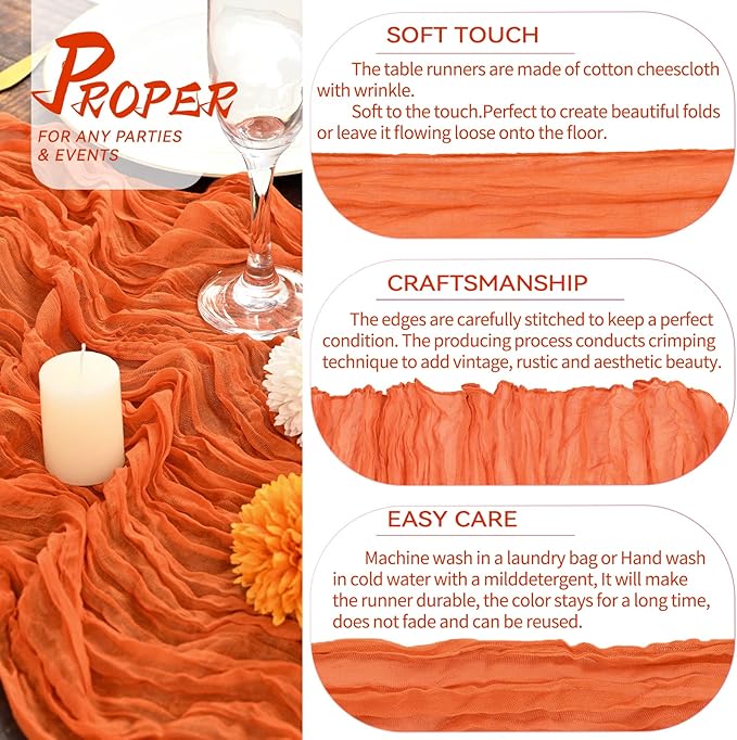 5 Packs Orange Cheesecloth Table Runner, 10Ft x 35" Orange Rustic Gauze Boho Wedding Table Runner Decoration, Wedding Party Bridal Shower Table Decor