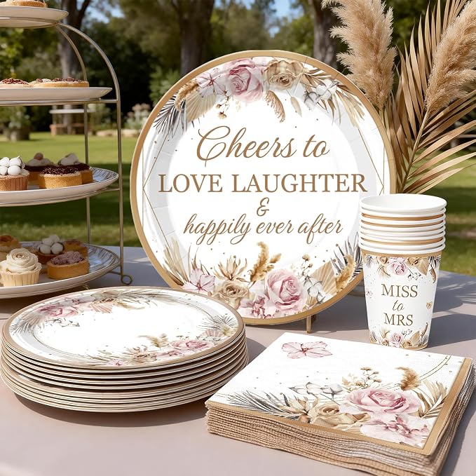 Bridal Shower Decorations, Boho Bride to Be Love Laughter & Happily Ever After Banner Bridal Shower Plates and Napkins With 2 Pcs Tablecloth Cheers to Love Wedding Shower Bachelorette Party Supplies