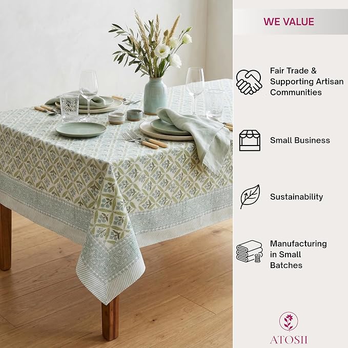ATOSII Netta Green 100% Cotton Rectangle Spring Summer Tablecloth, Handblock Floral Print Linen Table Cloth for Kitchen Dining I Parties, Weddings, Outdoors, Easter Decor 60 X 90 Inches, 6 Seater