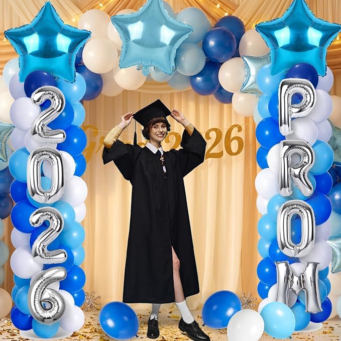 2 Sets Graduation Balloon Column Stand Kit with Balloons Prom Send off 2026 Grad Prom Themed Decor Sky Blue White Blue Balloon Tower Stand for Floor Grad School & College Celebration Party Supplies