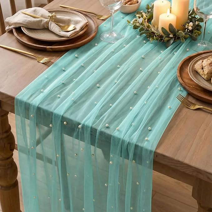 Artoid Mode 6PCS Pearl Turquoise Gauze Table Runner 120 Inch 10FT, Seasonal Sheer Dining Holiday Wedding Birthday Baby Shower Table Decor for Home Party