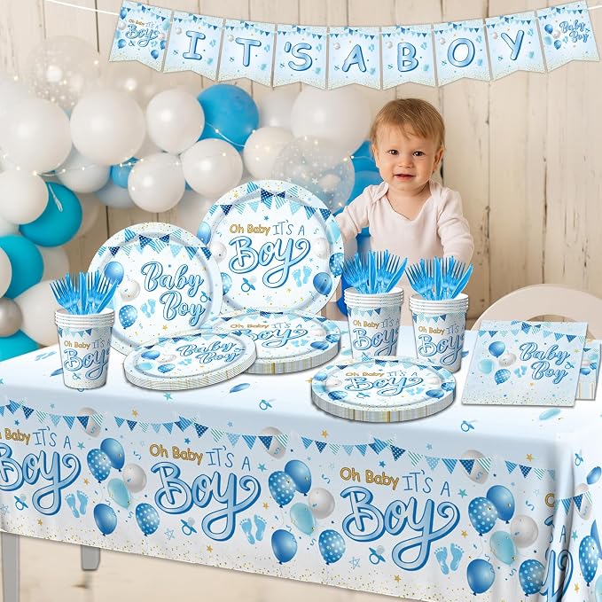 CMUSKO Blue Baby Shower Decorations for Boy, It's a Boy Baby Shower Party Supplies with Baby Boy Plates Napkins Cups Banner Tablecloth for Baby Boy Gender Reveal Baby Shower Party Decor