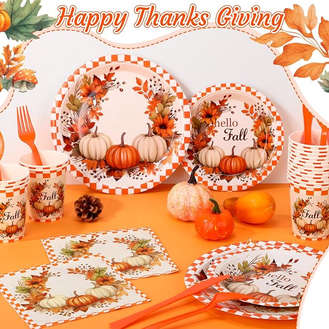 Sliner 350 Pcs Fall Paper Plates and Napkins Sets Party Supplies Thanksgiving Disposable Tableware Set Heavy Duty Pumpkin Paper Plates Orange Fall Cups Napkins Knife Fork Spoon, Serve 50 Guests