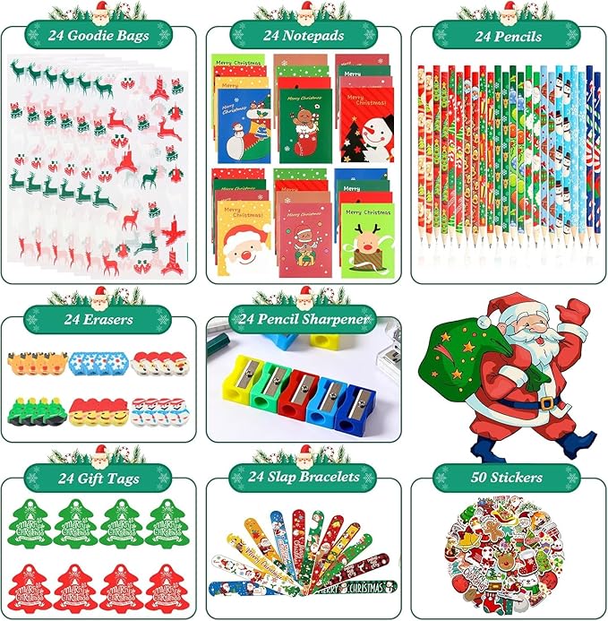 ANPHILE Christmas School Party Favors, 24 Pack Christmas Stationery Goodie Bags Xmas Bulk Classroom Gifts for Students Kids Holiday Gifts