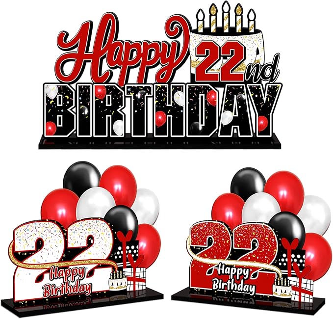 LINGTEER Happy 22nd Birthday Red Acrylic Table Topper Centerpieces Set - Cheers to 22 Years Old Birthday 22nd Bday Party Gift Decorations.