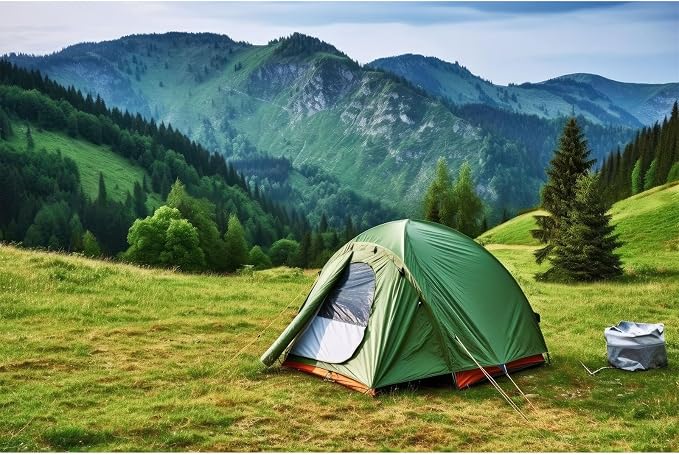 Camping Adventure Backdrop Mountain Forest Outdoor Travel Hiking Photography Background Mountain Pine Trees Nature Landscape Grassland Camping Tents Backdrop Decors Kids Birthday Party Props 9x6ft