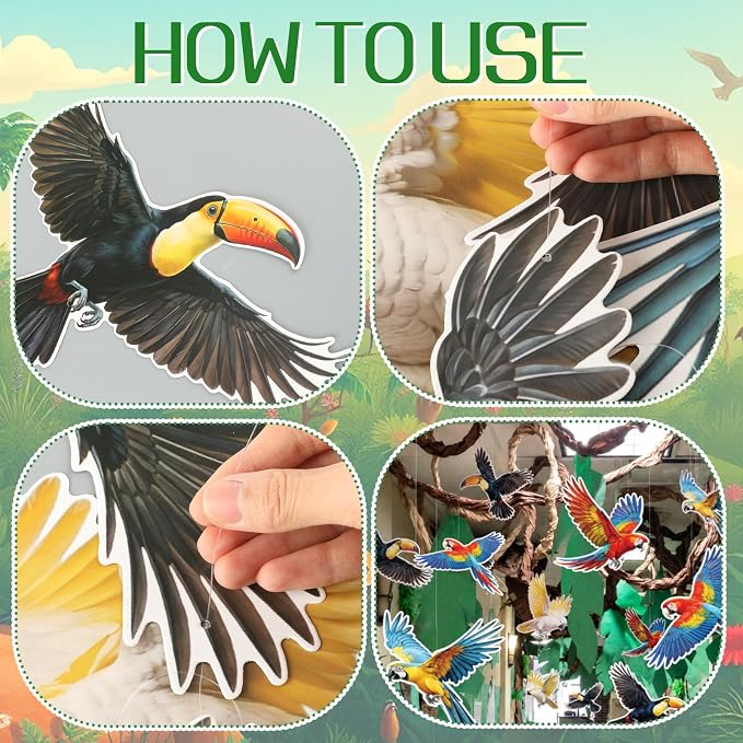 18 Pcs Large Tropical Bird Party Decorations 3D Realistic Paper Hanging Bird Decoration Paper Parrot Toucan Birthday Party Supplies for Wedding Jungle Baby Shower Room Ceiling Decor
