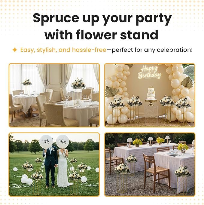 YALLOVE 10 Pack 23.75 Inch Gold Wedding Flower Stand Metal Vase Column Stand Geometric Centerpiece Vase for Home Party Wedding Decorations, Rectangular Flower Display Rack