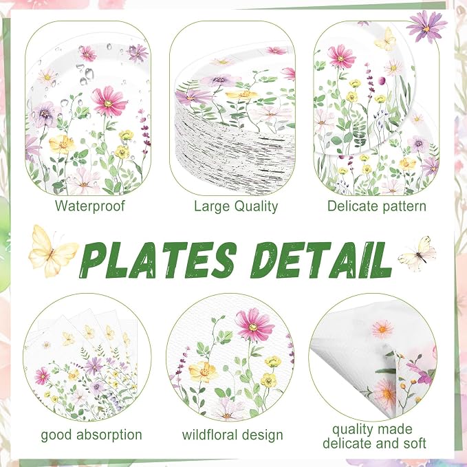 Ziliny 250 Pcs Wildflower Party Decorations Include Spring Summer Floral Paper Plates Napkins and Cups for Wildflower Baby Shower Tea Decorations, Serve 50 Guest(Watercolor,Fresh Style)