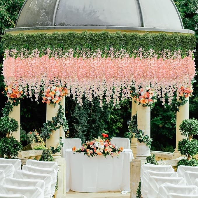 48 Pack Artificial Wisteria Hanging Flowers Fake Wisteria Flower Garland Silk Vines Rattan Decor for Home Wedding Arch Wall Garden Greenery Bedroom Outdoor Office Party Decoration (Light Pink)