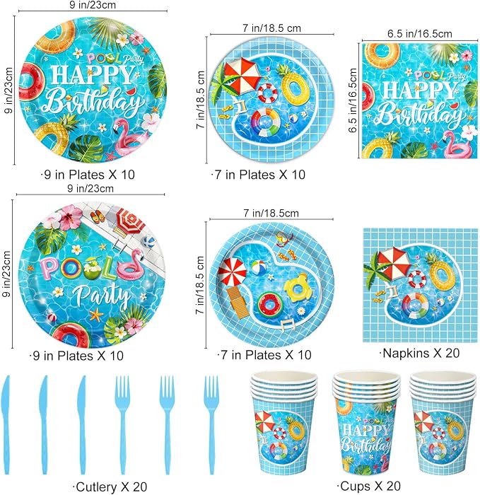 Pool Birthday Party Decorations - Plates, Napkins, Cups, Cutlery, Honeycomb Centerpieces, Banner, Hanging Swirls, Tablecloths, Toppers, Balloons for Hawaii Summer Pool Party Decorations, Serves 20