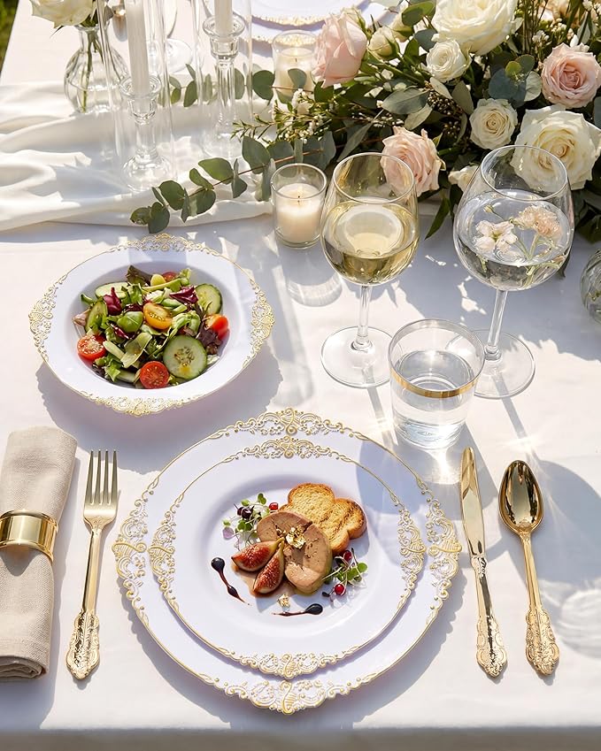 Nervure 175PCS White and Gold Plastic Plates - Disposable Dinnerware Set Include 50 Gold Plates for Dinner and Dessert, 75 Cutlery, 25Cups 25Napkins for Wedding & Party & Mothers Day