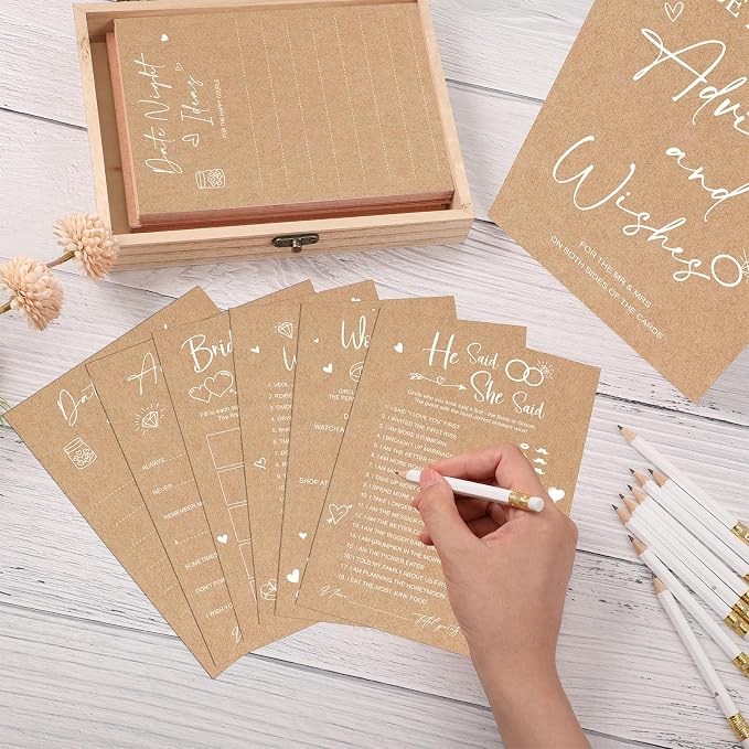 Silipull Bridal Shower Games Set for 50 Guests Includes Bingo, He Said She Said, Scramble, Would She Rather, Advice and Wishes Wedding Games Double Sided with Wooden Box, 20 Pencils (Kraft)
