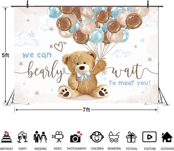 We Can Bearly Wait Backdrop 7Wx5H Feet, Bear Baby Shower Decorations for Boys, Cute Lovely Cartoon Balloons Baby Shower Party, Bear Photography Backgrounds Newborn Photo Shoot Decor Props