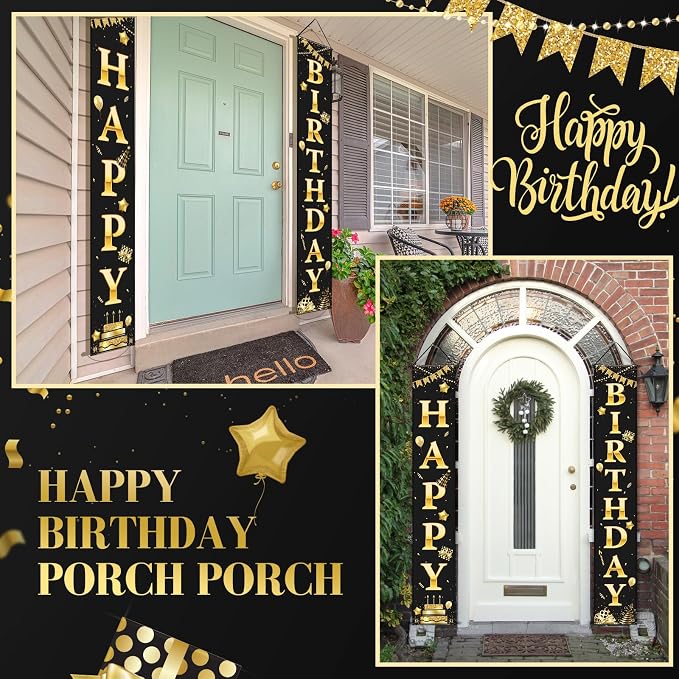 Breling Happy Birthday Banner with Lights 71 x 12 Inch LED Happy Birthday Decoration Door Banner Party Porch Sign Outdoor Indoor Hanging Supplies for Women Men(Black Gold)