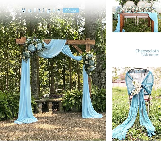 24 Pack Baby Blue Cheesecloth Table Runner 10Ft Boho Gauze Cheese Cloth Table Runner 35x120 Inch Long Rustic Sheer Table Decor for Wedding Decor Arch Draping Valentine's Day Easter Holiday Party