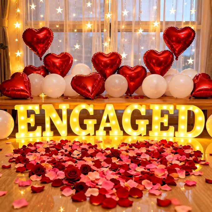 Engaged Decorations, Engaged Light Up Letters Sign with Rose Petals, Aluminum Balloons, Round Pearlescent Balloon, Double Sided Tape for Valentine's Day Wedding Romantic Party