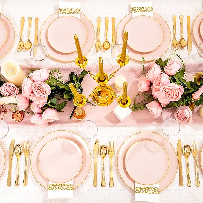 YOUBET 175PCS Pink Plastic Plates - Pink and Gold Disposable Plates Include 50 Plastic Plate, 75 Silverware, 25 Cups, 25 Napkins for Wedding & Party & Birthday Mothers Day