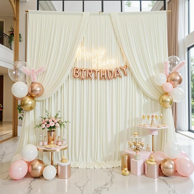 50ft×12ft Ivory Backdrop Curtain for Wedding Parties, 10 Panels Wrinkle Free Polyester Photo Backdrop Drapes Back Drop Cloth for Birthday Photography Background