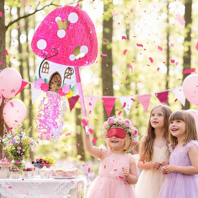 WERNNSAI Mushroom Piñata - Fairy Flower Butterfly Piñata with Stick and Blindfold, for Mushroom Birthday Party Decor, Summer Forest Games, Carnivals Supplies (16.5"x12.4"x3")