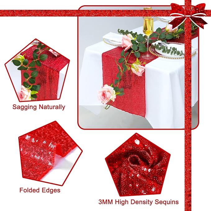 Red Sequin Table Runner 12" x 72" Pack of 6 | Metallic Glitter, For Baby Shower Wedding Christmas Birthday Party