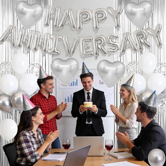 Anniversary Decorations Silver,Happy Anniversary Balloon Banner with Heart Foil Balloons Fringe Curtain for Wedding Party Valentine's Day Romantic