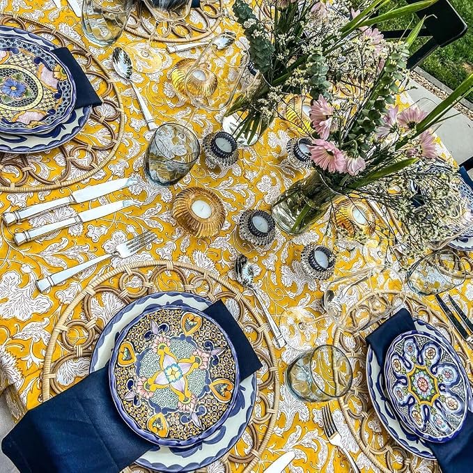 Ridhi Saffron Yellow Hand Block Print Cotton Rectangle Tablecloth 118" x 70" inches Reusable Table Cover Decorative Everyday Use for Dining Room, Farmhouse, Home Gift for Spring, Mother's Day