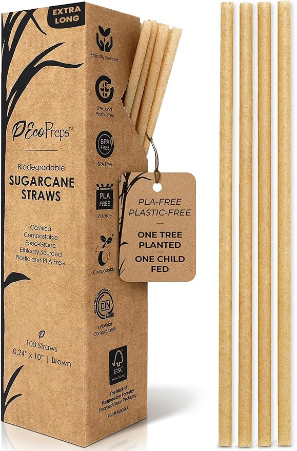 EcoPreps 10'' Biodegradable Sugarcane Straws, Extra-Long Straw | 100 Count, 100% Compostable, Plastic-Free, Eco-Friendly Drinking Straw | Sugar Fiber, Party Jumbo Disposable Straws, 10 Inches Tall