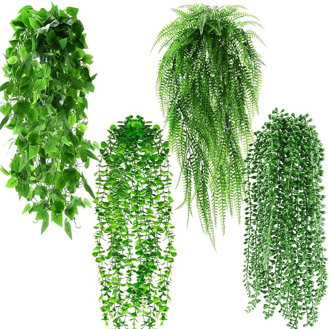 Daifunli Artificial Hanging Plants Fake Hanging Ferns Plastic Fake Plants for Wall Room Garden Garland Indoor Outdoor Decor No Basket (4 Pcs,Boston, Eucalyptus, Ivy Vine, String of Pearls)