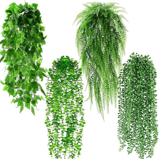 Daifunli Artificial Hanging Plants Fake Hanging Ferns Plastic Fake Plants for Wall Room Garden Garland Indoor Outdoor Decor No Basket (4 Pcs,Boston, Eucalyptus, Ivy Vine, String of Pearls)