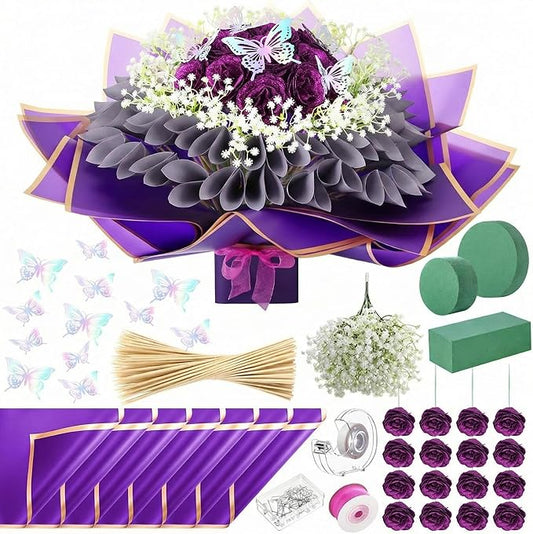 Marspark Graduation Money Bouquet Flower Kit Gift Included 20 Sheet Flower Wrapping Paper 36 Fake Flowers 100 Bamboo Skewer Floral Foam Block for Mother's Day Anniversary Wedding(Purple,Glitter)