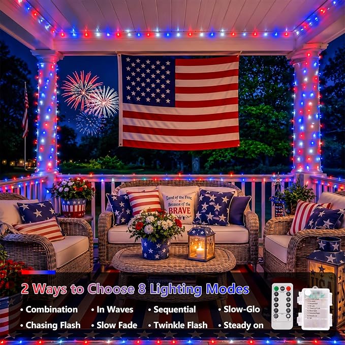 YEGUO Red White and Blue Lights Battery Operated, 2 Pack Each 33ft 100 LED 4th of July Lights Outdoor Waterproof, 8 Modes Clear Wire Fairy Light Indoor with Remote for Memorial Day Patriotic Decor