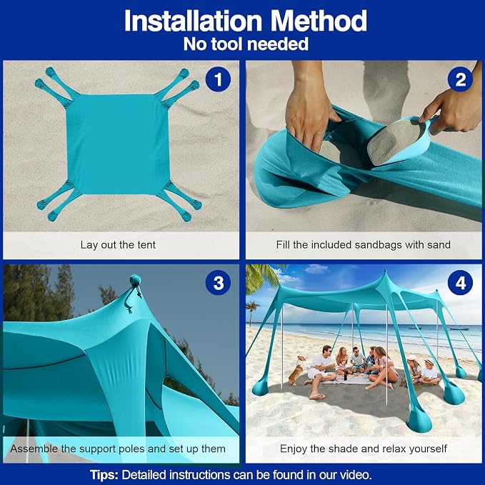 Rhino Valley Beach Tent, 10 x 10 FT Beach Shade UPF50+ Protection, Beach Canopy with 8 Sandbags 4 Stability Poles,Outdoor Beach Tent Sun Shelter Umbrella for Sand,Camping,Fishing Essentials,Mint Green