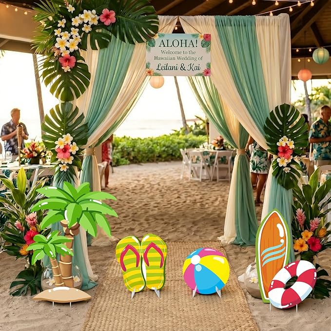 4 Pcs Large Summer Party Decorations, Hawaiian Yard Signs with Stakes Flip Flops Beach Ball Surfboard Palm Tree Cardboard Cutouts for Tropical Birthday Baby Shower Indoor Outdoor Photo Prop
