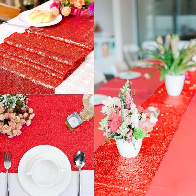 12 Packs 12 X 72 Inch Red Sequin Table Runner Glitter Dining Table Runner for Birthday Wedding Engagement Bridal Baby Shower Bachelorette Holiday Celebration Party Supplies Decorations (Red)