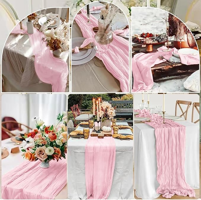 10 Pcs Light Pink Cheesecloth Table Runner 10FT, Gauze Table Runner for Wedding Reception Sheer Bridal Shower Birthday Party Boho Table Decoration, Rustic Romantic Wedding Runner