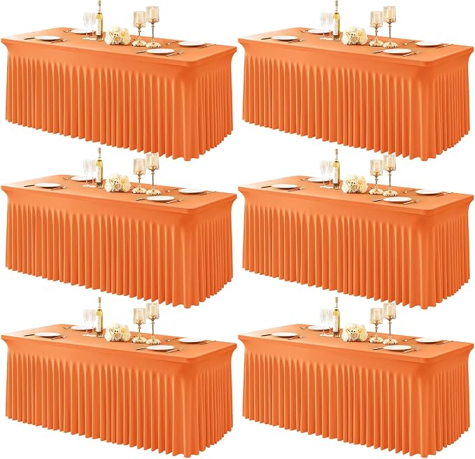 6 Packs Orange Table Clothes for 6 Foot Rectangle Tables, One-Piece Wrinkle Resistant Stretch Spandex Table Covers with Skirt for Event Banquet Wedding Birthday Party