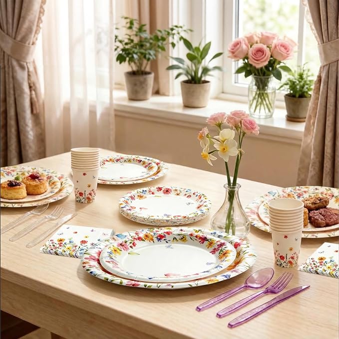 BORAMDO 206 PCS Wildflower Birthday Party Decoration, Spring Floral Baby Shower Decor with Plates Napkins Cups Cutlery Tablecloths Cake Toppers Banner Balloons for Flower Garden Party Supplies(White)